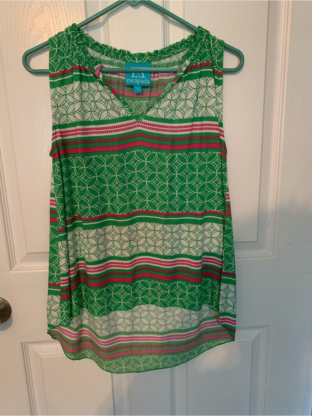 escapada Green Patterned Sleeveless Camisole with Pink & White Stripes